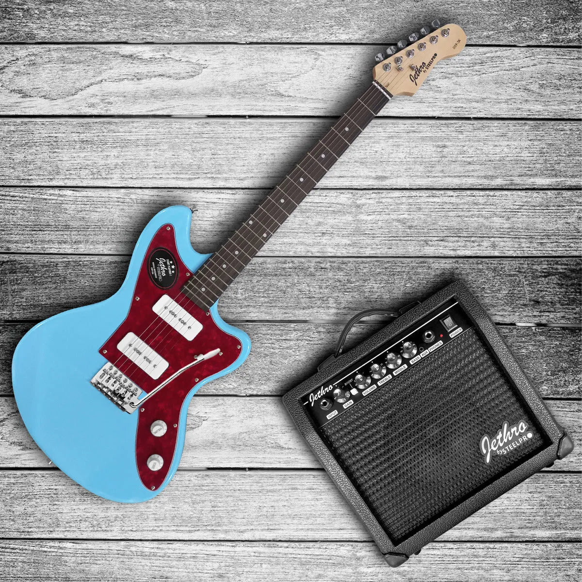 Paquete Guitarra Electrica Series Jethro By Steelpro 059 Color Sky Blue Diapasón De Álamo Laminado Para Diestro