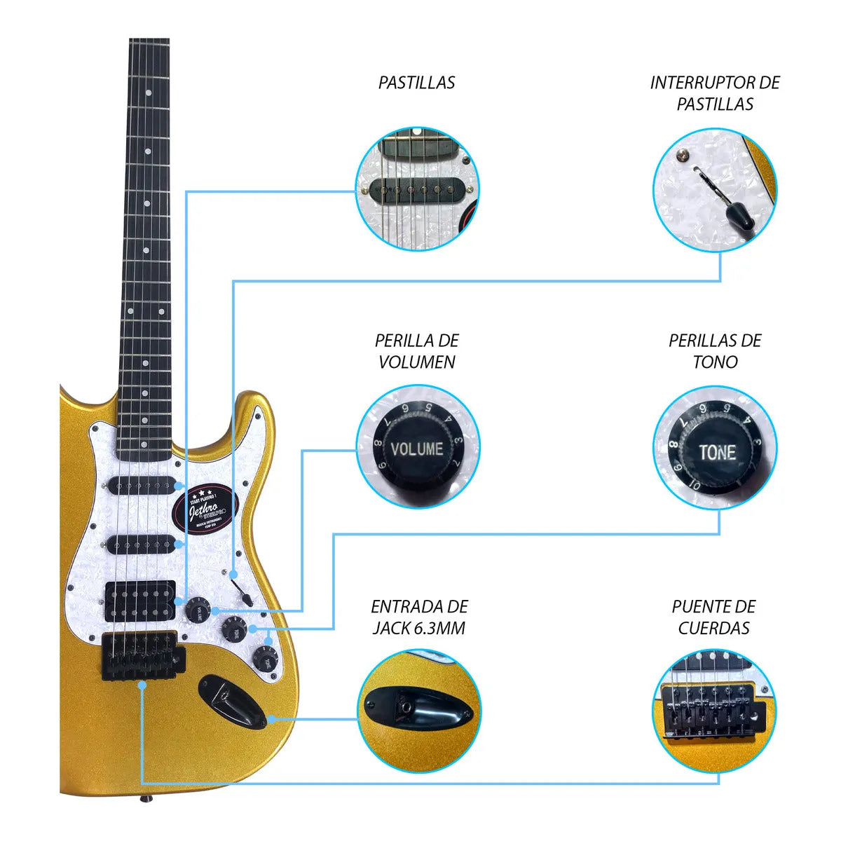 Paquete Guitarra Electrica Series Jethro By Steelpro 061-sk Color Dorado Material Del Diapasón Álamo Laminado Orientación De La Mano Diestro