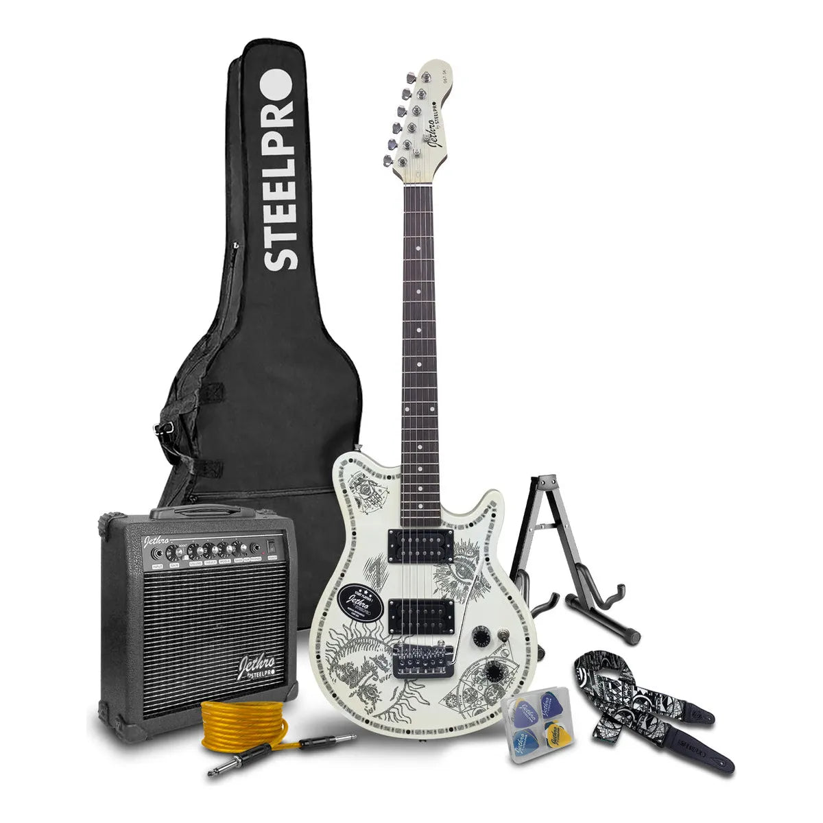 Paquete Guitarra Electrica Series Jethro By Steelpro 067-sk Color Tattoo Orientación De La Mano Diestro