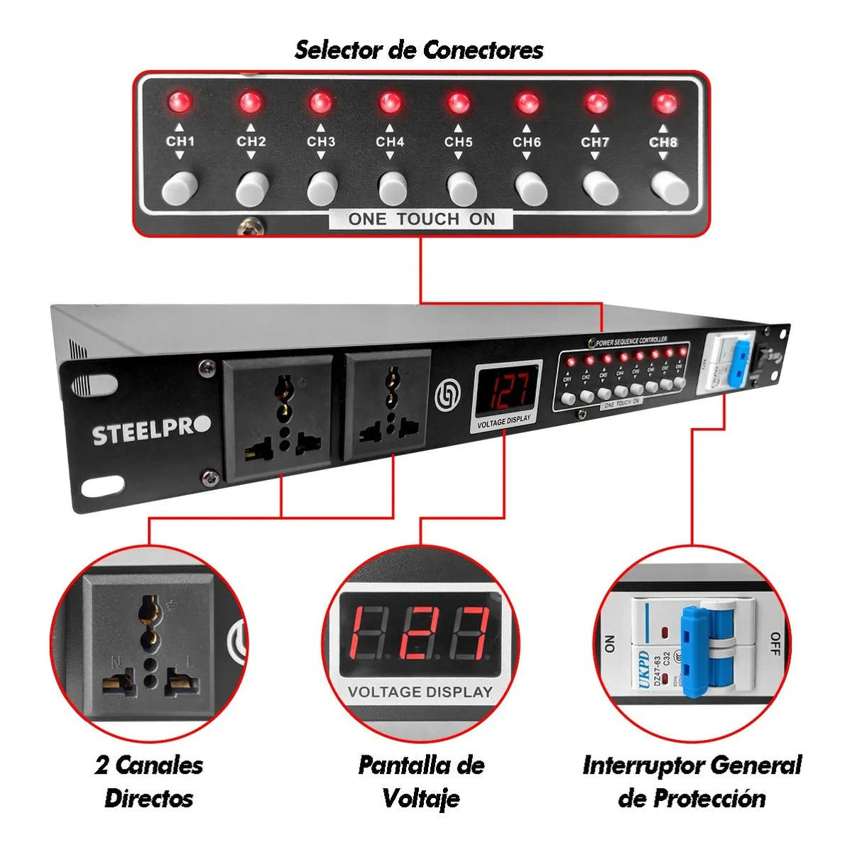 Rack Multicontacto 10enchufes Supresor De Picos 32a Steelpro Color Negro