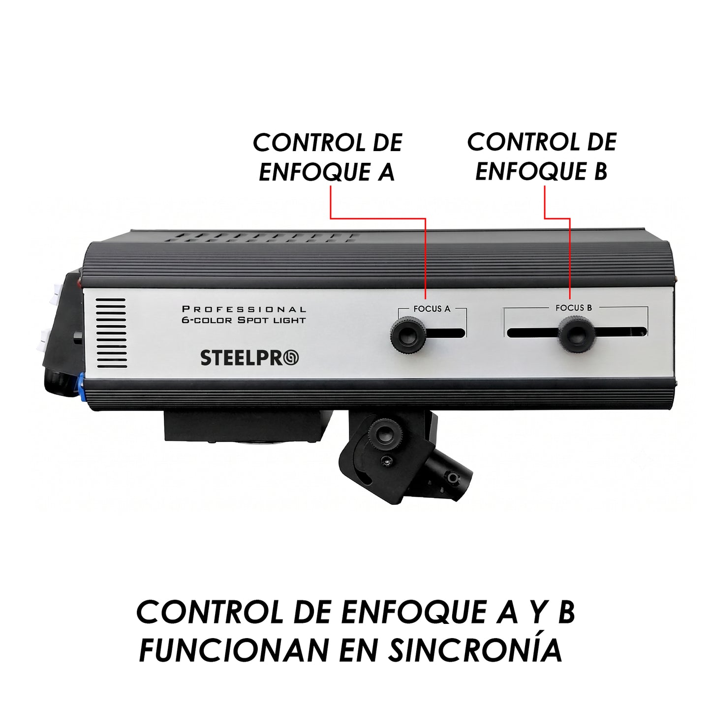 STUDIO-7R Seguidor Profesional 7R con Lámpara de Descarga, Zoom, Enfoque, DMX, Shutter, Case de Transportación y Stand para Escenarios y Eventos Steelpro