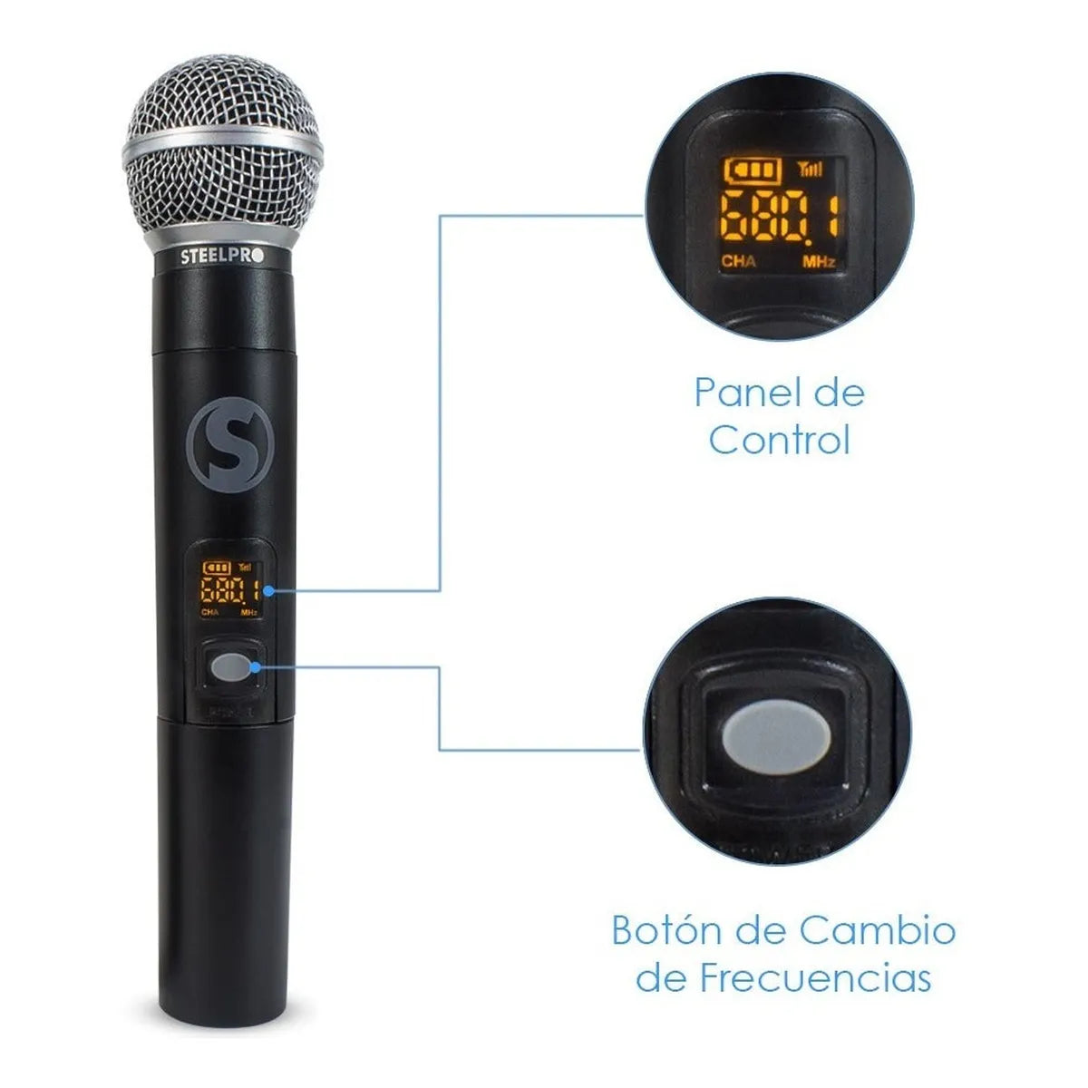 Steelpro - Micrófono Profesional - Inalambrico - Uhf-607 Color Negro