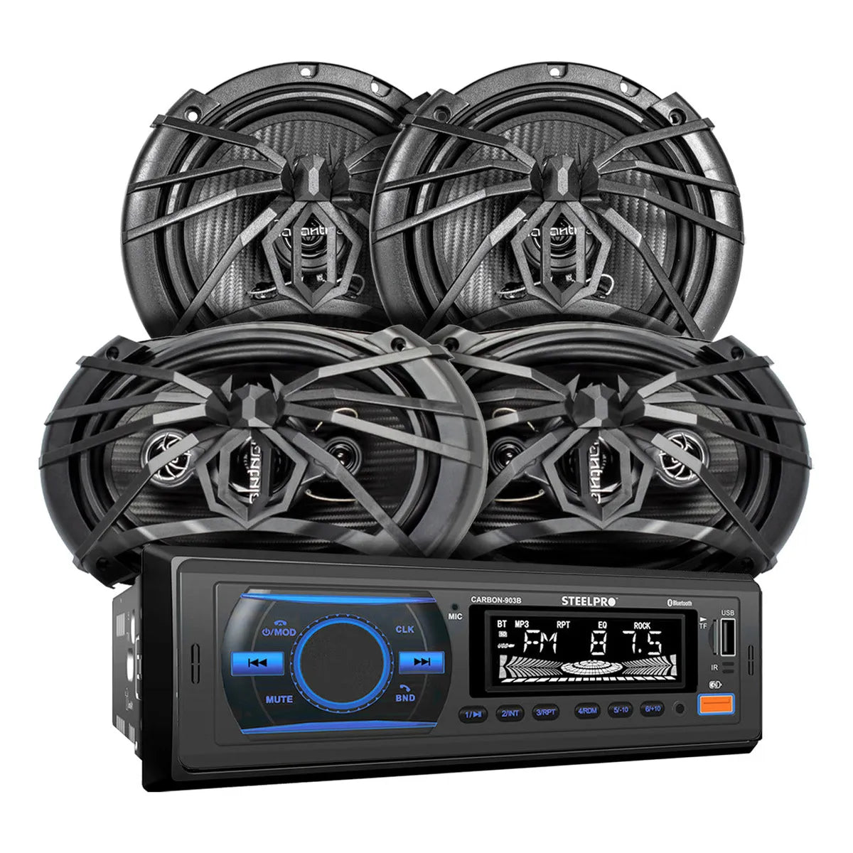 Steelpro Kit Autoestereo Bluetooth Bocina 6x9 Y Bocinas 6.5