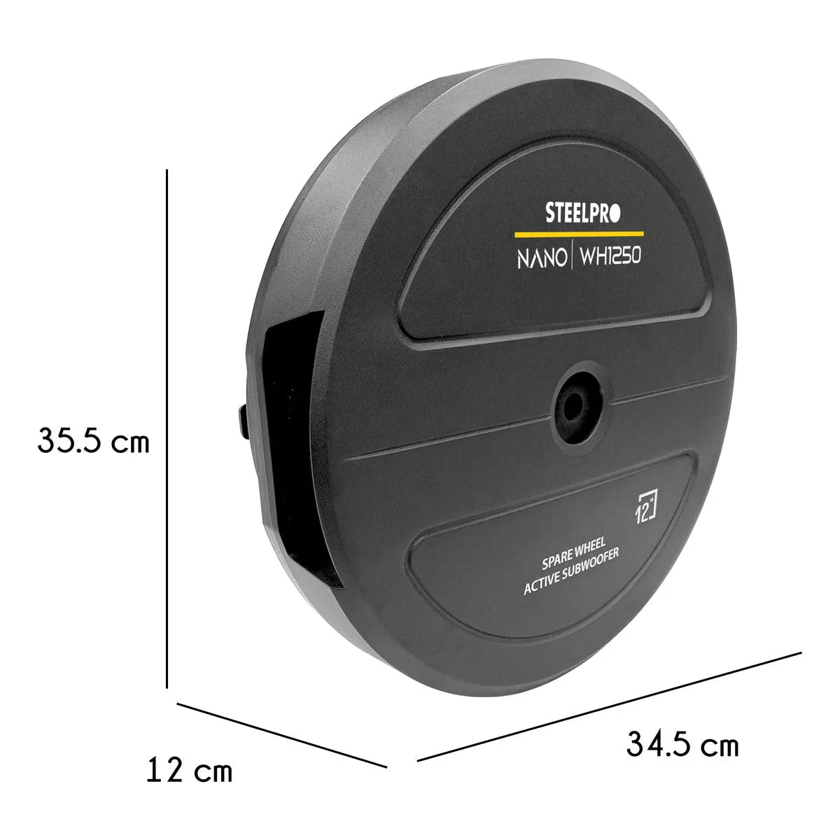 Subwoofer Amplificado 12 PuLG Llanta Repuesto Nano Steelpro Color Negro