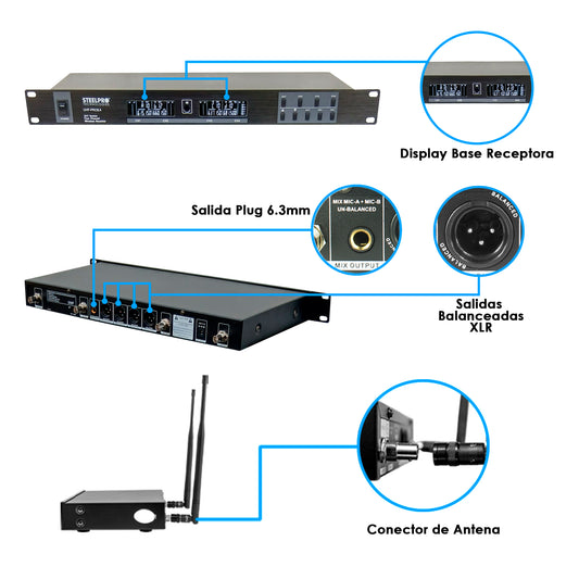 Micrófonos Uhf Profesional Steelpro Frecuencia Multicanal Negro