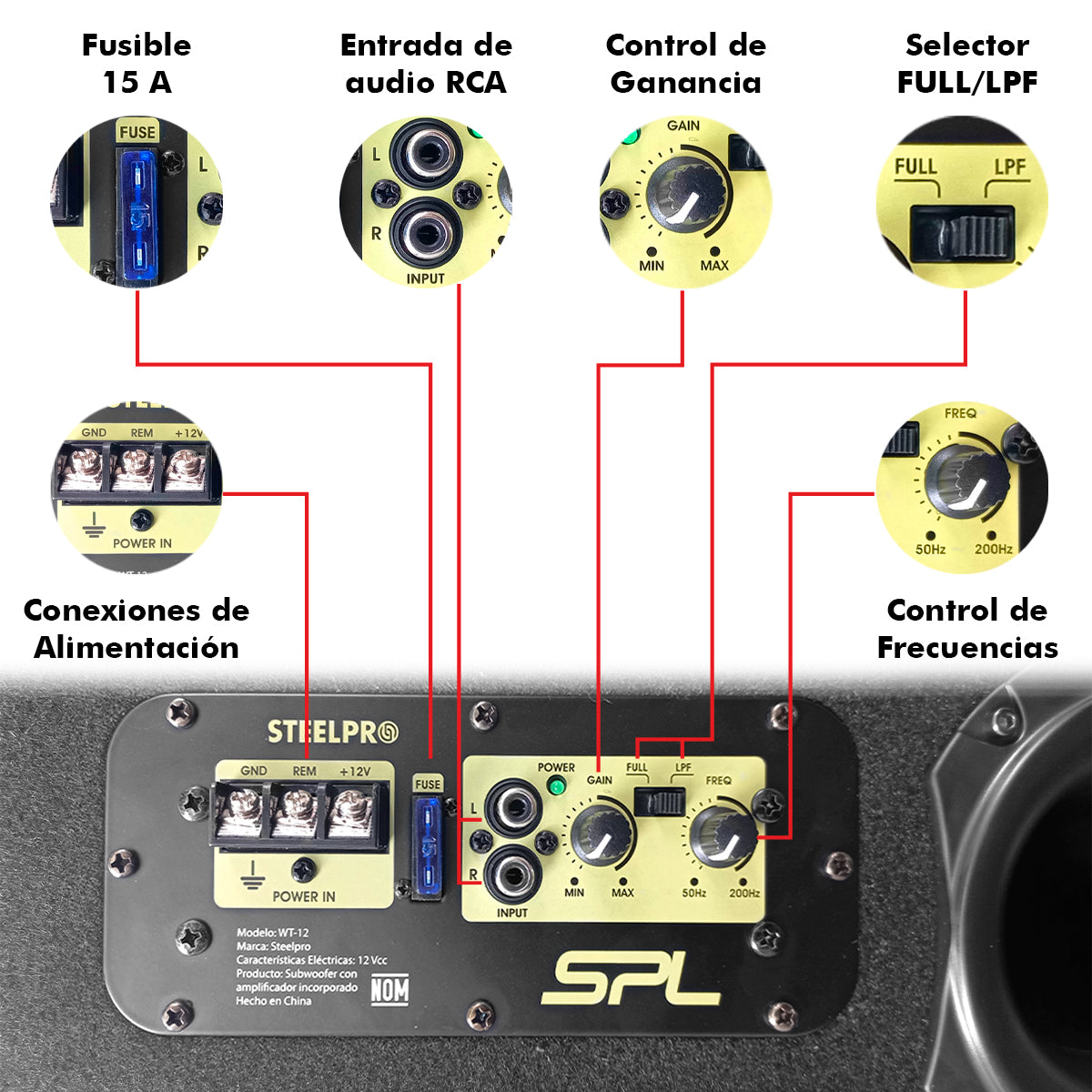 Cajón Subwoofer Amplificado 12puLG Spl Alta Presión Steelpro Color Negro