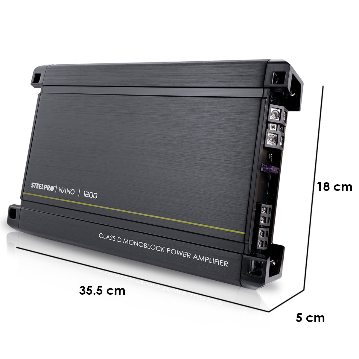 Amplificador Nano 1200 Steelpro para Subwoofer Monoblock Bass 1200W MAX 2 Ohm estable Alto Rendimiento Open Show, Crossover LPF/FULL, Bass Boost 12 dB, Fase Variable, Control de Bajos