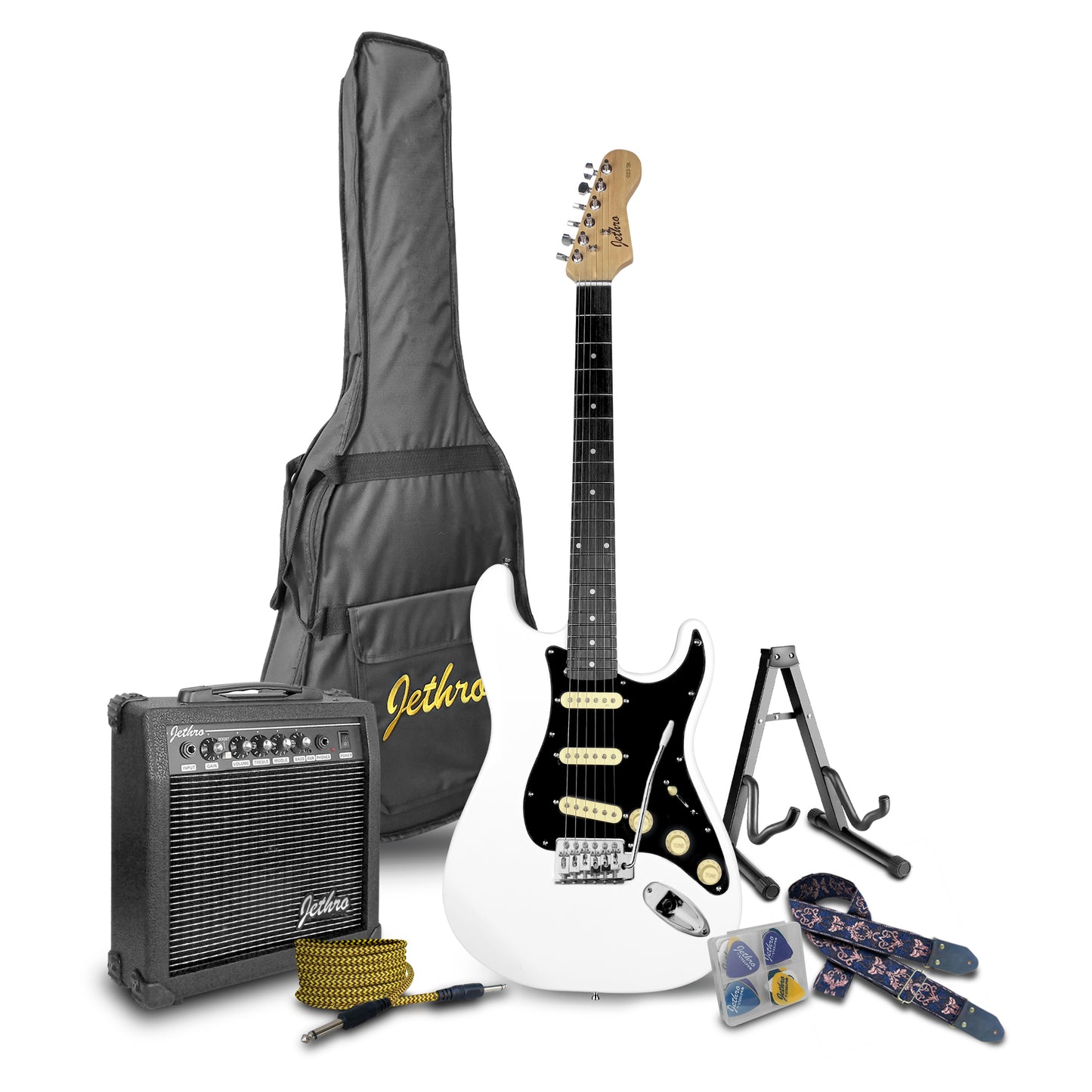 023-SK Kit Guitarra Eléctrica White Con Amplificador 20W y Accesorios Para Diestros Jethro By Steelpro