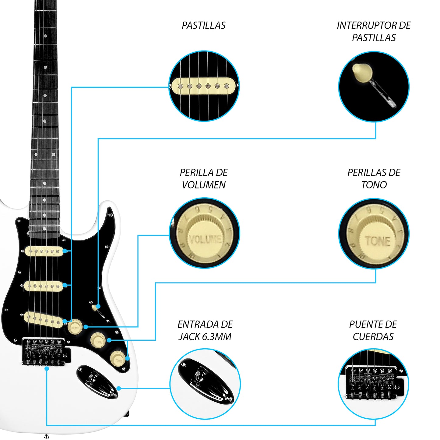 023-SK Kit Guitarra Eléctrica White Con Amplificador 20W y Accesorios Para Diestros Jethro By Steelpro