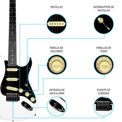 023-SK Kit Guitarra Eléctrica White Con Amplificador 20W y Accesorios Para Diestros Jethro By Steelpro