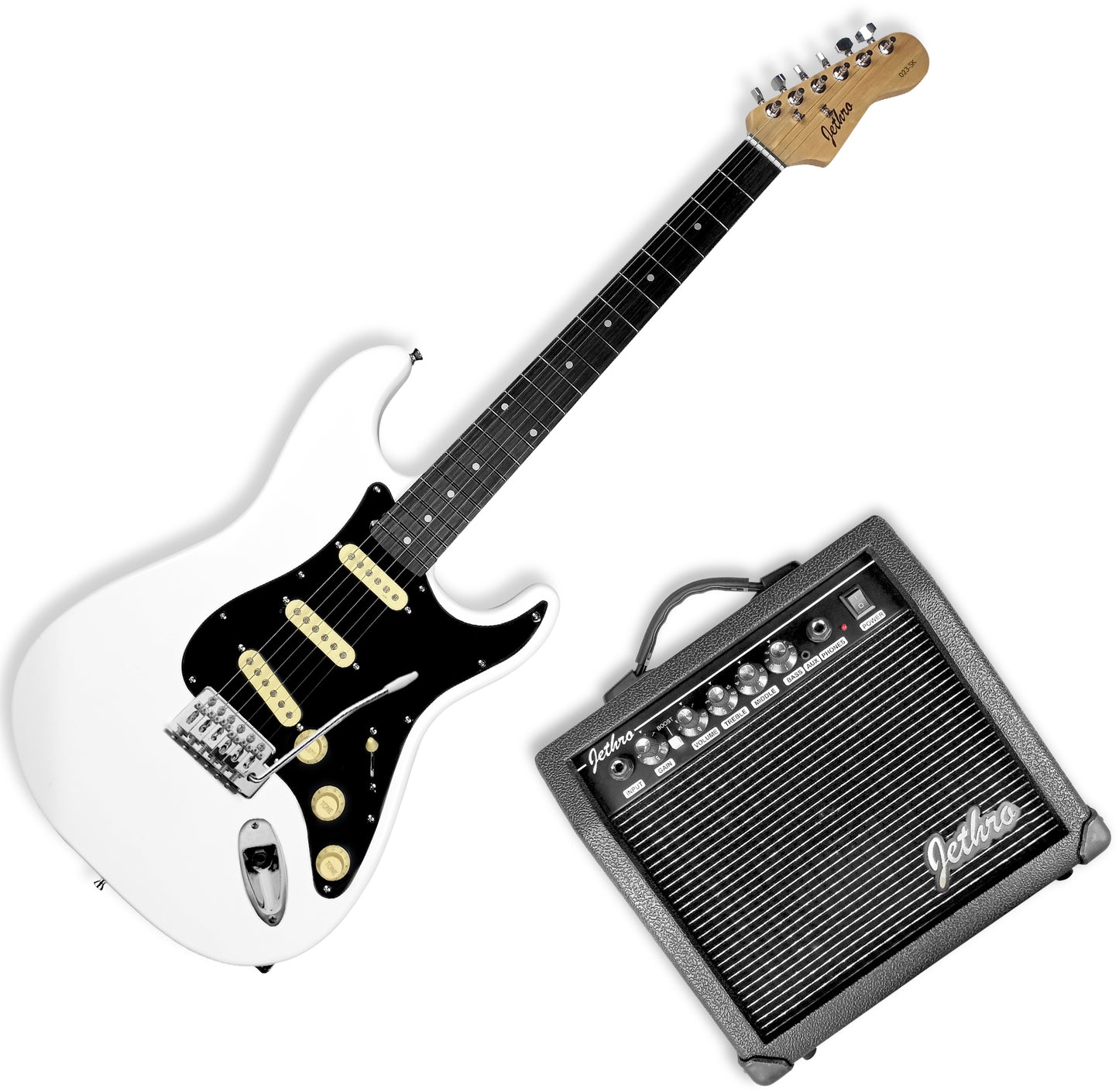 023-SK Kit Guitarra Eléctrica White Con Amplificador 20W y Accesorios Para Diestros Jethro By Steelpro