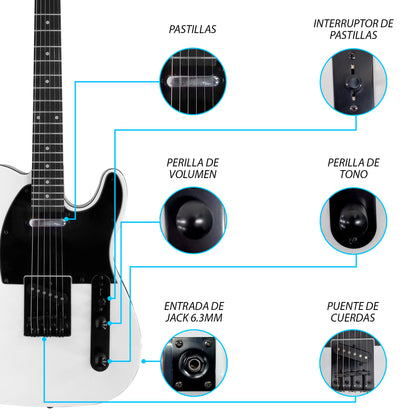 048-SK Kit Guitarra Eléctrica White Con Amplificador 20W y Accesorios Para Diestros Jethro By Steelpro