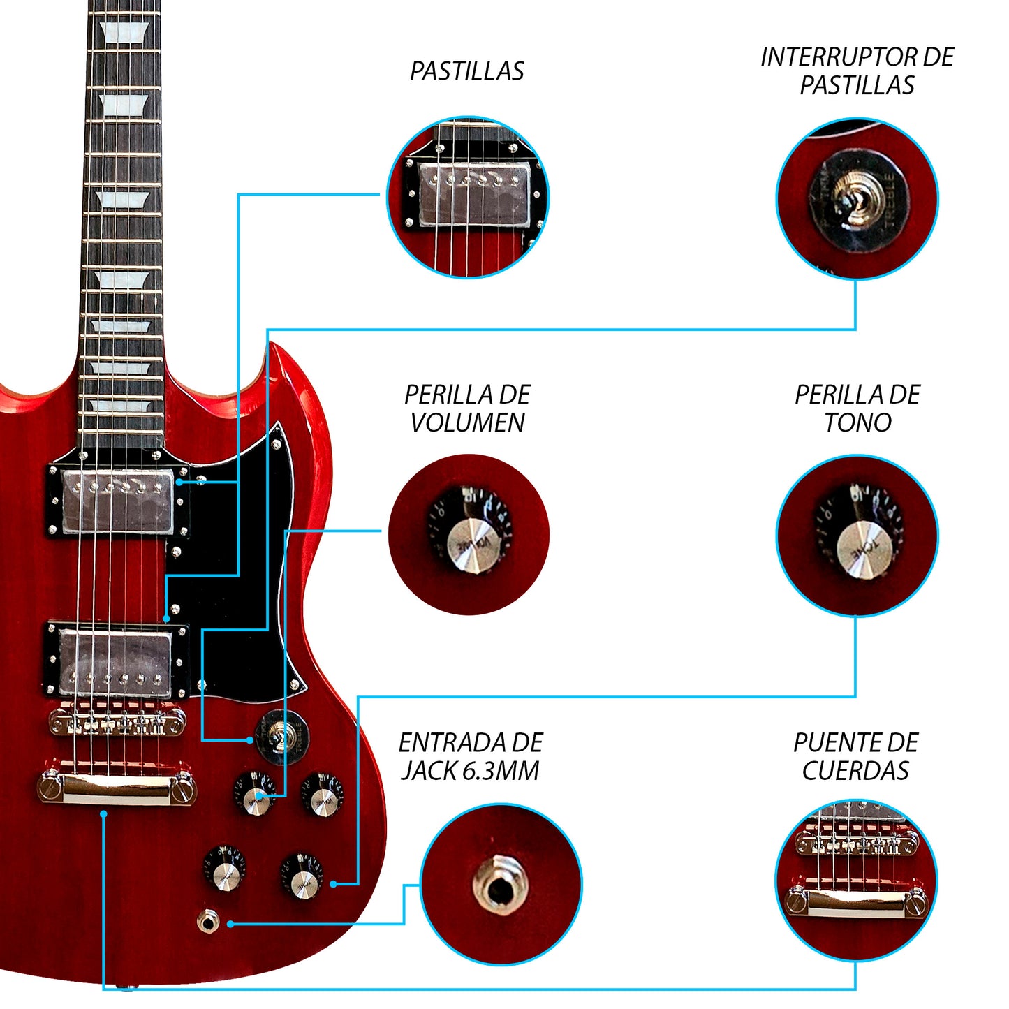 050-SK Kit Guitarra Eléctrica Transparent Red Sapele Veneer Con Amplificador 20W y Accesorios Para Diestros Jethro By Steelpro