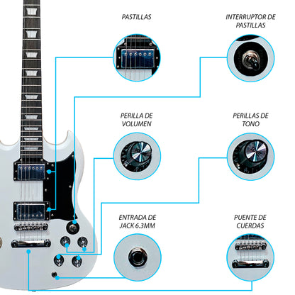051-SK Kit Guitarra Eléctrica White Con Amplificador 20W y Accesorios Para Diestros Jethro By Steelpro
