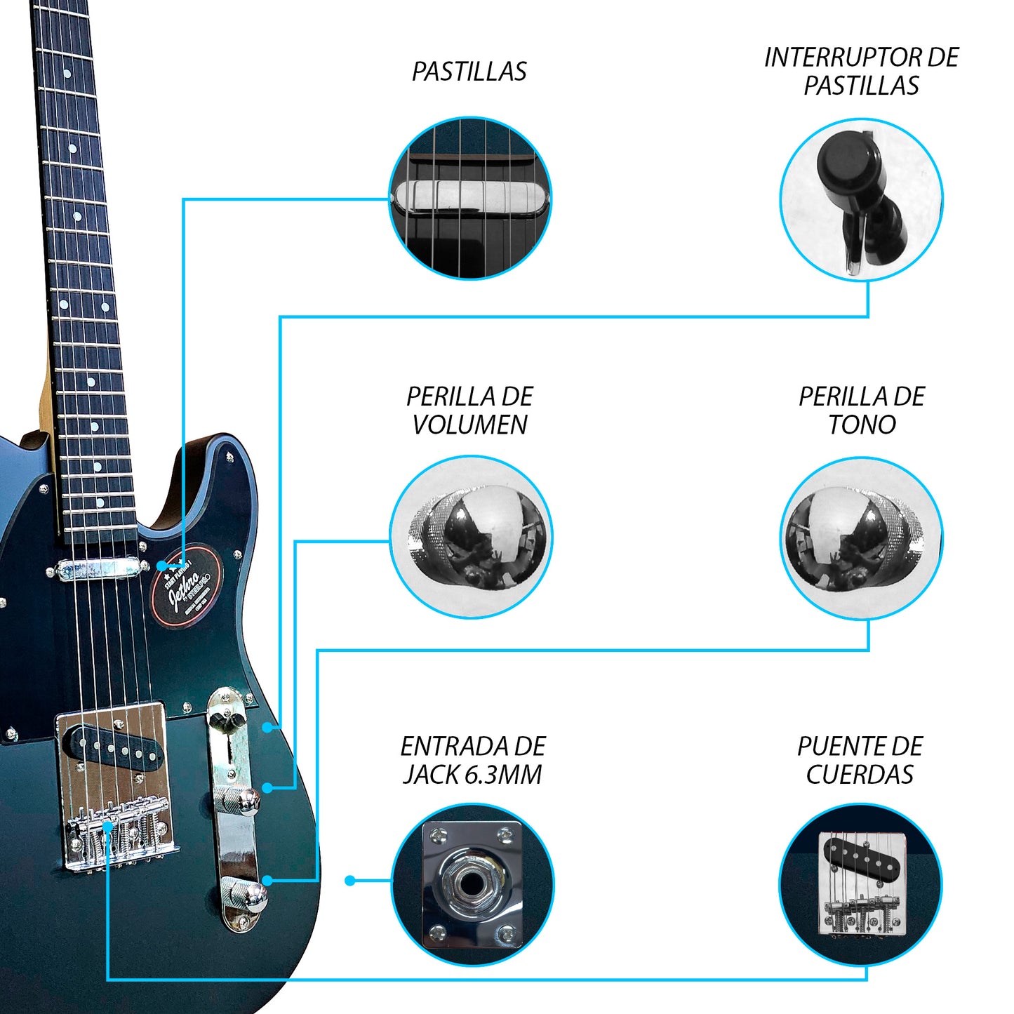 052-SK Kit Guitarra Eléctrica Black Satin Con Amplificador 20W y Accesorios Para Diestros Jethro By Steelpro