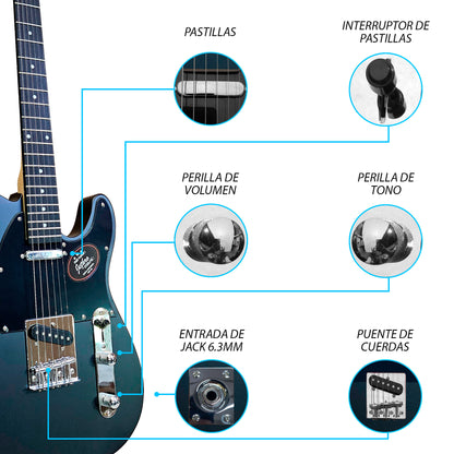 052-SK Kit Guitarra Eléctrica Black Satin Con Amplificador 20W y Accesorios Para Diestros Jethro By Steelpro
