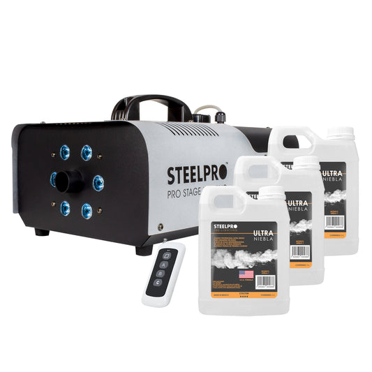 Maquina De Humo Dmx 1200w Led Rgb + Liquido Humo 3l Steelpro