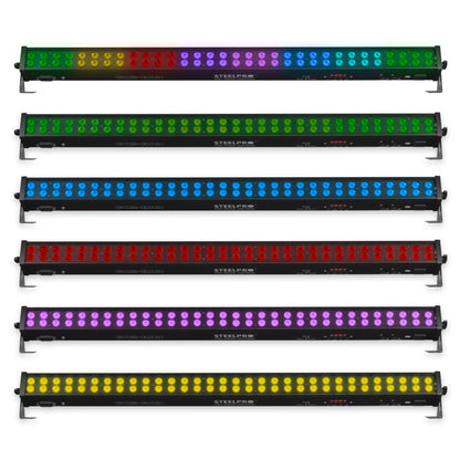 Barra LED 642-BAR (64x2W) RGB Full Color. Modos: DMX (hasta 26 ch), Auto y Audio. Incluye Dimmer y Estrobo. Ideal para escenarios. Medidas: 101.5x7x12cm. Peso: 2.18 Kg. Potencia y control profesional.