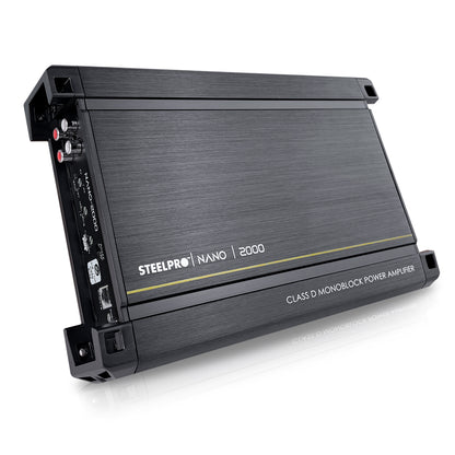 Amplificador Nano 2000 Clase D Steelpro para Subwoofer Monoblock Bass 2000W MAX 1 Ohm estable Alto Rendimiento Open Show, LPF, Bass Boost 12 dB,Filtro Subsonico, Fase Variable, Control de Bajos