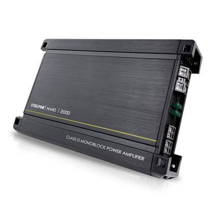 Amplificador Nano 2000 Clase D Steelpro para Subwoofer Monoblock Bass 2000W MAX 1 Ohm estable Alto Rendimiento Open Show, LPF, Bass Boost 12 dB,Filtro Subsonico, Fase Variable, Control de Bajos