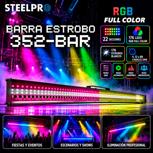 352BAR Barra LED Estrobo RGB Full Color 352 LEDs 22 Secciones DMX512 RDM 88 Canales Profesional para Escenarios, Eventos y Conciertos Steelpro