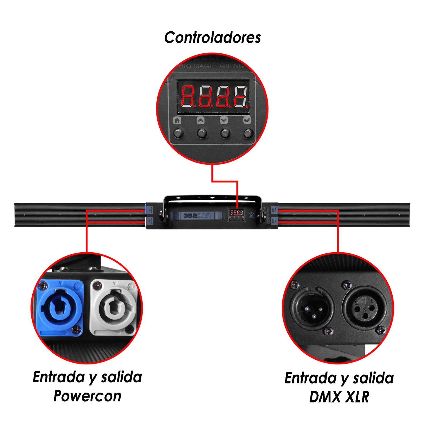 Barra Estrobo 352-BAR 22 Secciones: 176 Leds RGB Full Color + 176 Estrobos Blancos, Control DMX 4/12/88 Canales, Modos Automático y Audiorítmico. Medidas 100x13x6cm, Peso 1.30kg. Ideal para Escenarios