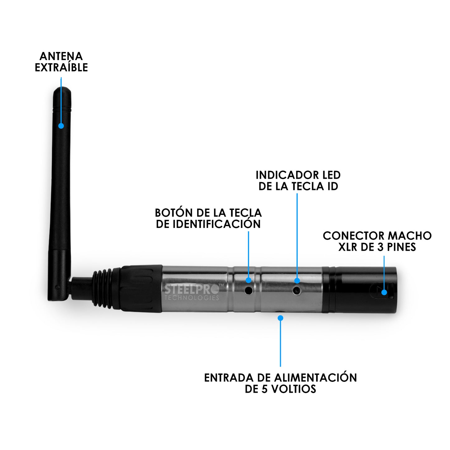 3W-DMX Set de 2 Antenas Receptoras Inalámbricas y 1 Antena Transmisora Batería Recargable Steelpro