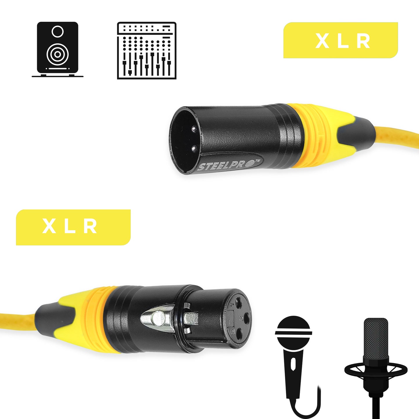 XLR-YLL-10M Cable Amarillo Xlr 10m Balanceado Profesional Macho - Hembra Steelpro