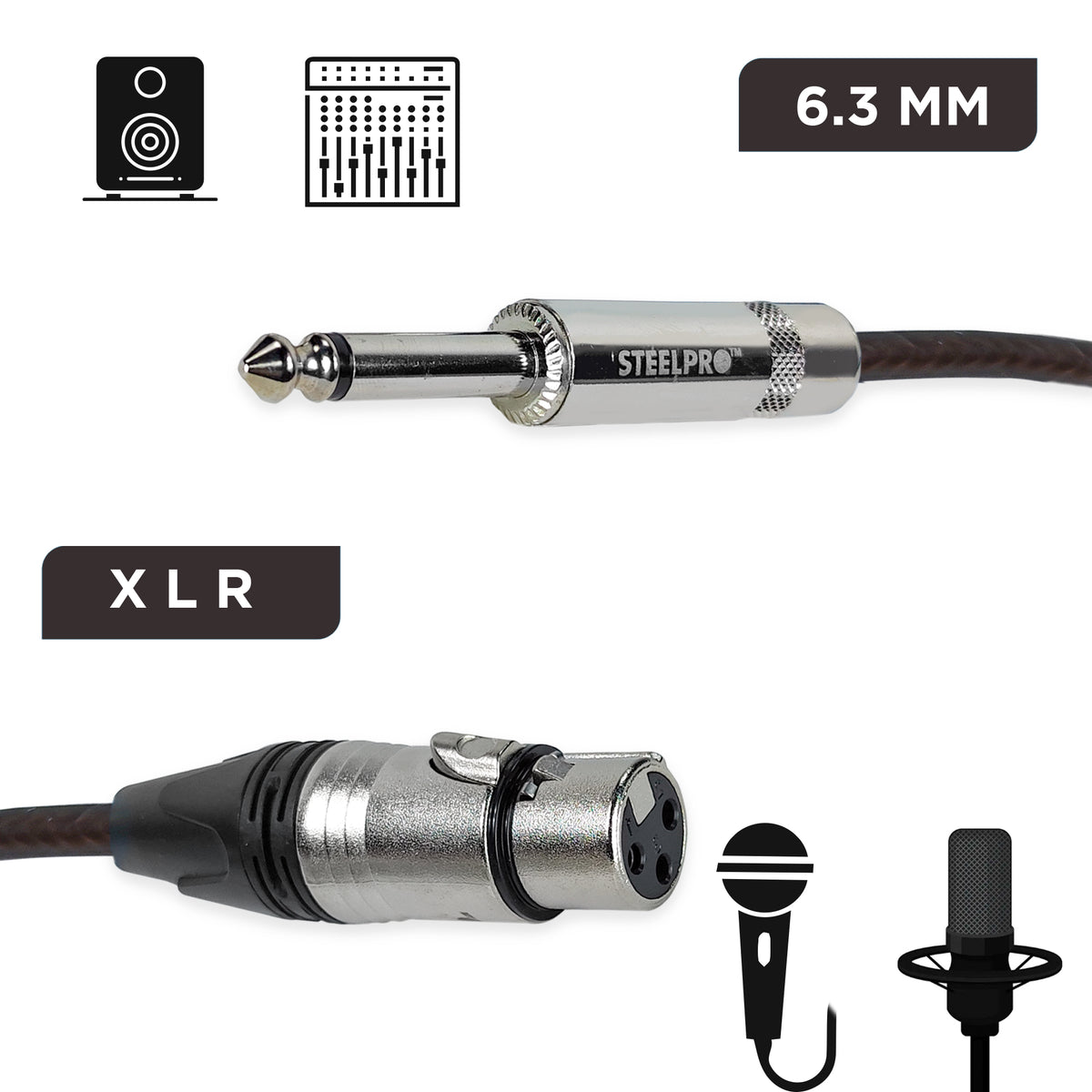 63X-NG-1M Cable XLR Cannon Hembra a Plug 6.3 mm 1 Metro Negro Balanceado Profesional Audio Sin Ruido Steelpro