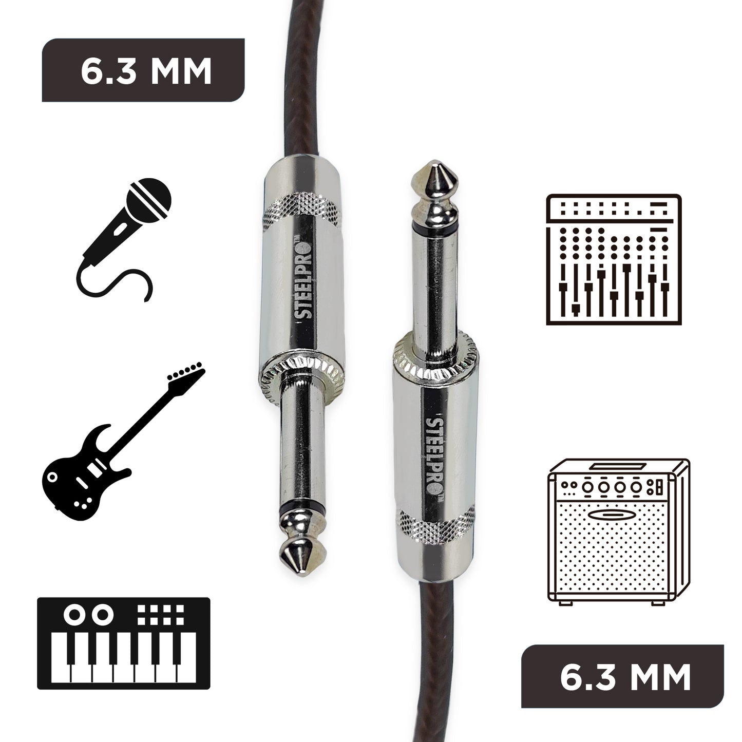 6363-NG-6M Cable Negro Plug 6.3 Profesional 6m Para Guitarra Plug6.3-Plug6.3 Steelpro