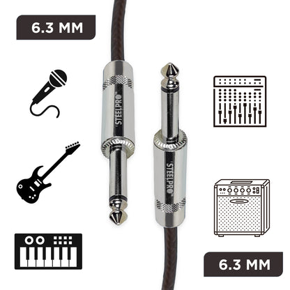 6363-NG-6M Cable Negro Plug 6.3 Profesional 6m Para Guitarra Plug6.3-Plug6.3 Steelpro