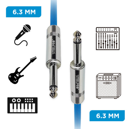 6363-AZ-10M Cable Azul Plug 6.3 Profesional 10m Para Guitarra Plug6.3-Plug6.3 Steelpro