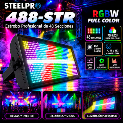 488-STR-K Set 4 Estrobos LED Profesionales RGBW 880 LEDs 48 Secciones con Case de Transporte DMX Maestro Esclavo Automático para Escenarios y Eventos Steelpro