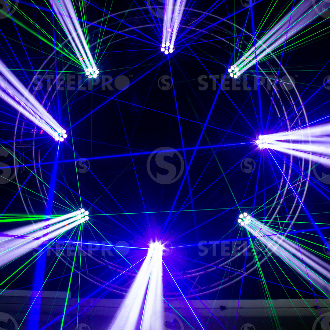 MEGABEAM-B Cabeza Móvil LED RGBW 4 en 1 con Láser Azul 6 LED 10W DMX 15 Canales Automático Audiorítmico Maestro Esclavo Beam Profesional para DJ Eventos Steelpro