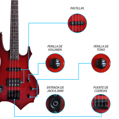 509-SK Red Quilted Soft Burst Kit Bajo Eléctrico Con Amplificador 50W Funda Cable Profesional Jethro By Steelpro
