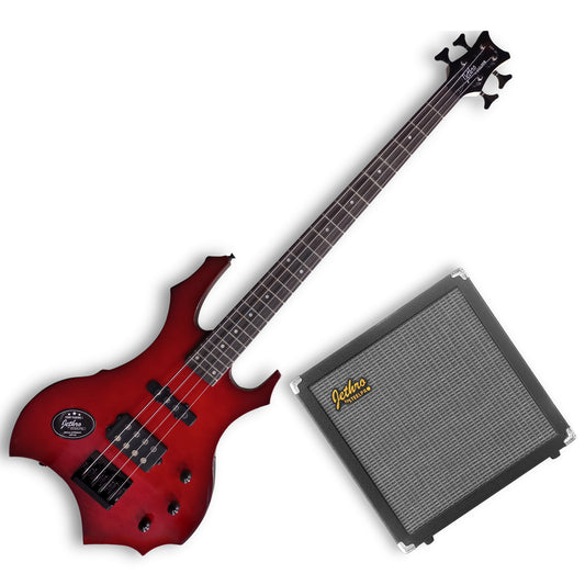 509-SK Red Quilted Soft Burst Kit Bajo Eléctrico Con Amplificador 50W Funda Cable Profesional Jethro By Steelpro