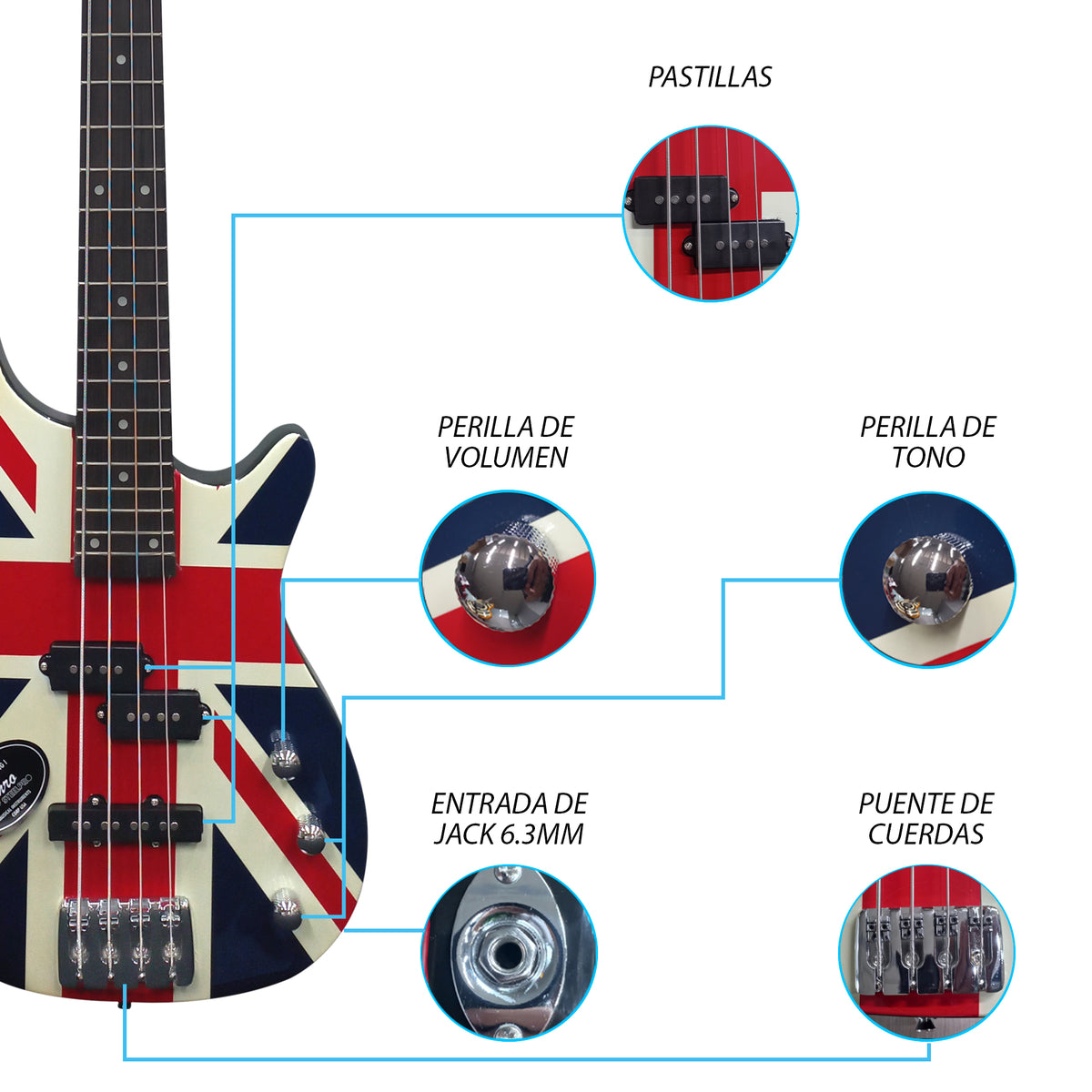 510-SK Union Jack Kit Bajo Eléctrico Con Amplificador 50W Funda Cable Profesional Jethro By Steelpro