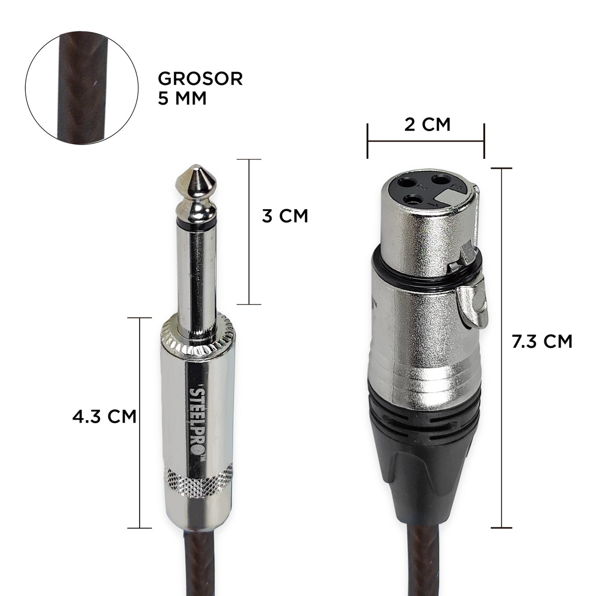 63X-NG-1M Cable XLR Cannon Hembra a Plug 6.3 mm 1 Metro Negro Balanceado Profesional Audio Sin Ruido Steelpro