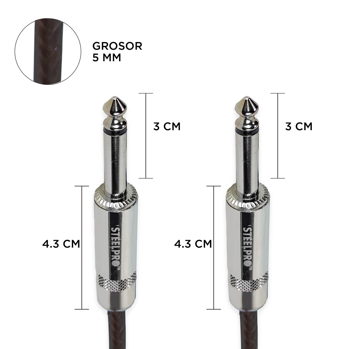 6363-NG-6M Cable Negro Plug 6.3 Profesional 6m Para Guitarra Plug6.3-Plug6.3 Steelpro
