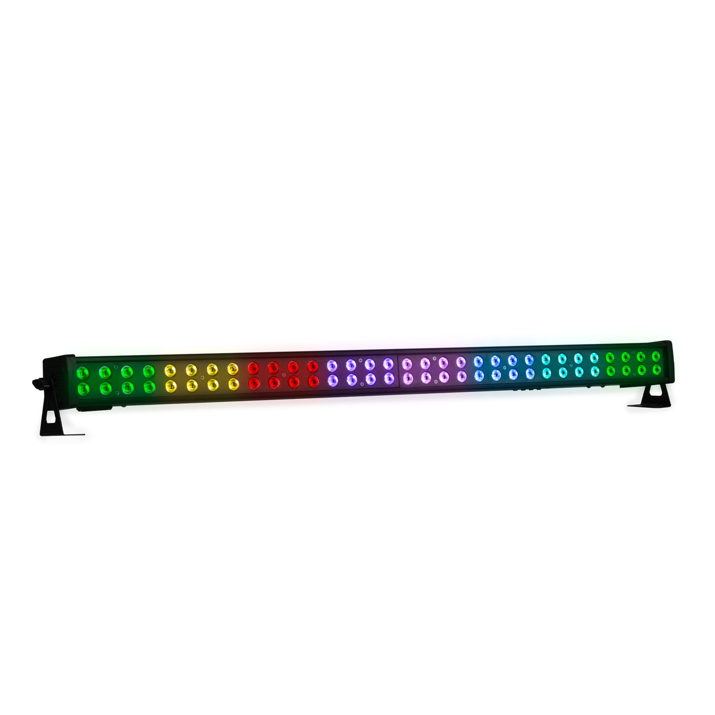Barra LED 642-BAR (64x2W) RGB Full Color. Modos: DMX (hasta 26 ch), Auto y Audio. Incluye Dimmer y Estrobo. Ideal para escenarios. Medidas: 101.5x7x12cm. Peso: 2.18 Kg. Potencia y control profesional.