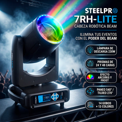 STEELPRO Mini 7RH-LITE Cabeza Robótica Beam 230W Lámpara de Descarga DMX 16 Canales 13 Colores Medios Colores 10 Gobos Metálicos 4 Dicroicos Prismas 24 y 48 Caras Rainbow Frost Enfoque Pan 540° Tilt 270°
