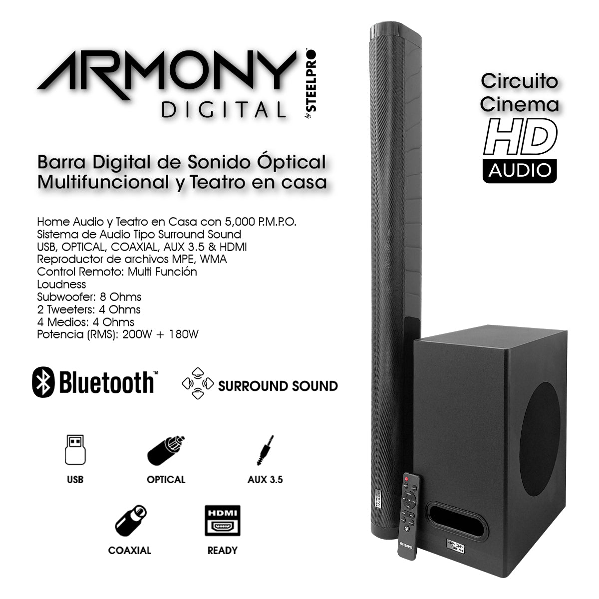 Sistema de Audio Barra de Sonido Home Theater Steelpro ARMONY A1.4-BAR Bluetooth 5.0 HDMI ARC con Subwoofer 200W + 180W
