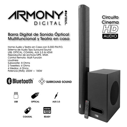 Sistema de Audio Barra de Sonido Home Theater Steelpro ARMONY A1.4-BAR Bluetooth 5.0 HDMI ARC con Subwoofer 200W + 180W
