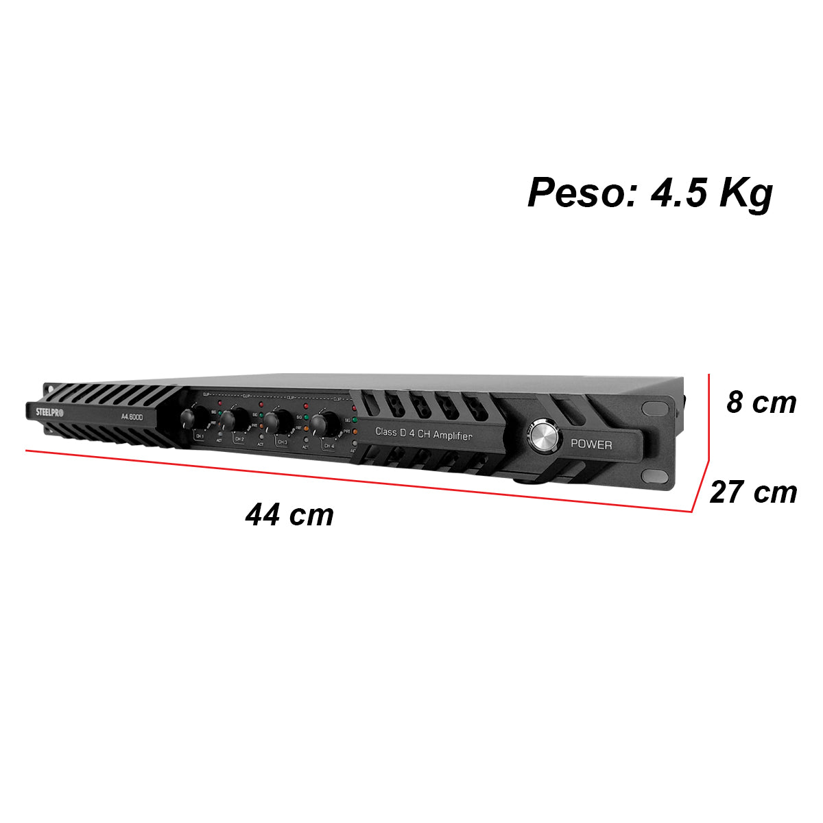 Amplificador Steelpro A4.600d De 4 Canales Y 600wx4 Clase D Negro