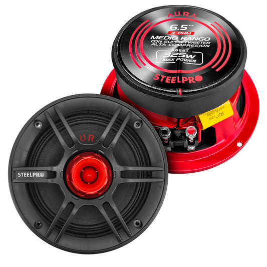 A654T Par De Medio Rango 6.5 PuLG con Super Tweeter Alta Compresión 650w Max Aura by Steelpro