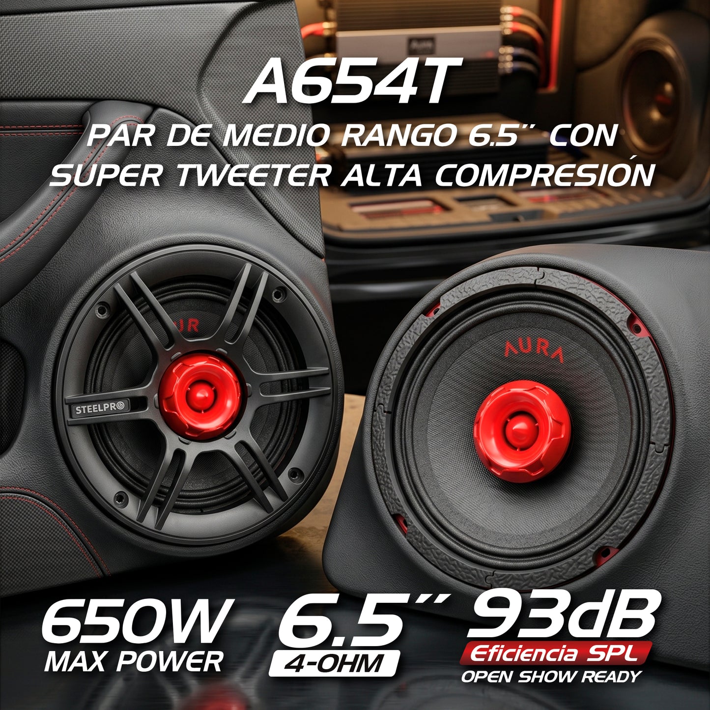 A654T Par De Medio Rango 6.5 PuLG con Super Tweeter Alta Compresión 650w Max Aura by Steelpro