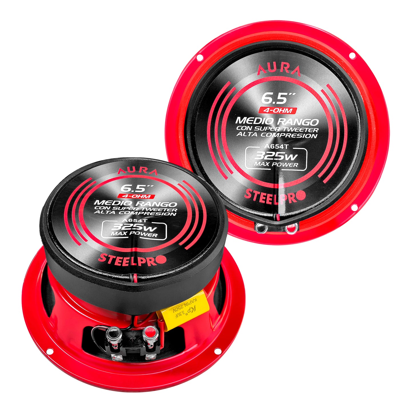 A654T Par De Medio Rango 6.5 PuLG con Super Tweeter Alta Compresión 650w Max Aura by Steelpro