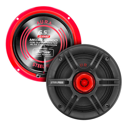 A654T Par De Medio Rango 6.5 PuLG con Super Tweeter Alta Compresión 650w Max Aura by Steelpro