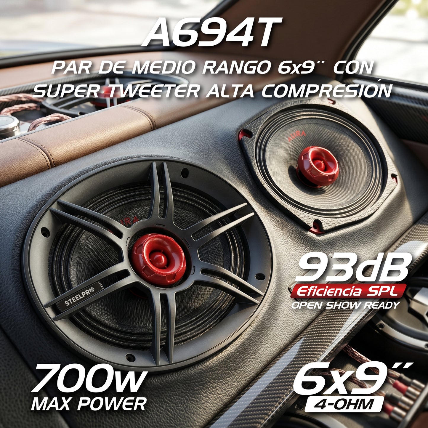 A694T Par De Medio Rango 6X9 PuLG con Super Tweeter Alta Compresión 700w Max Aura by Steelpro