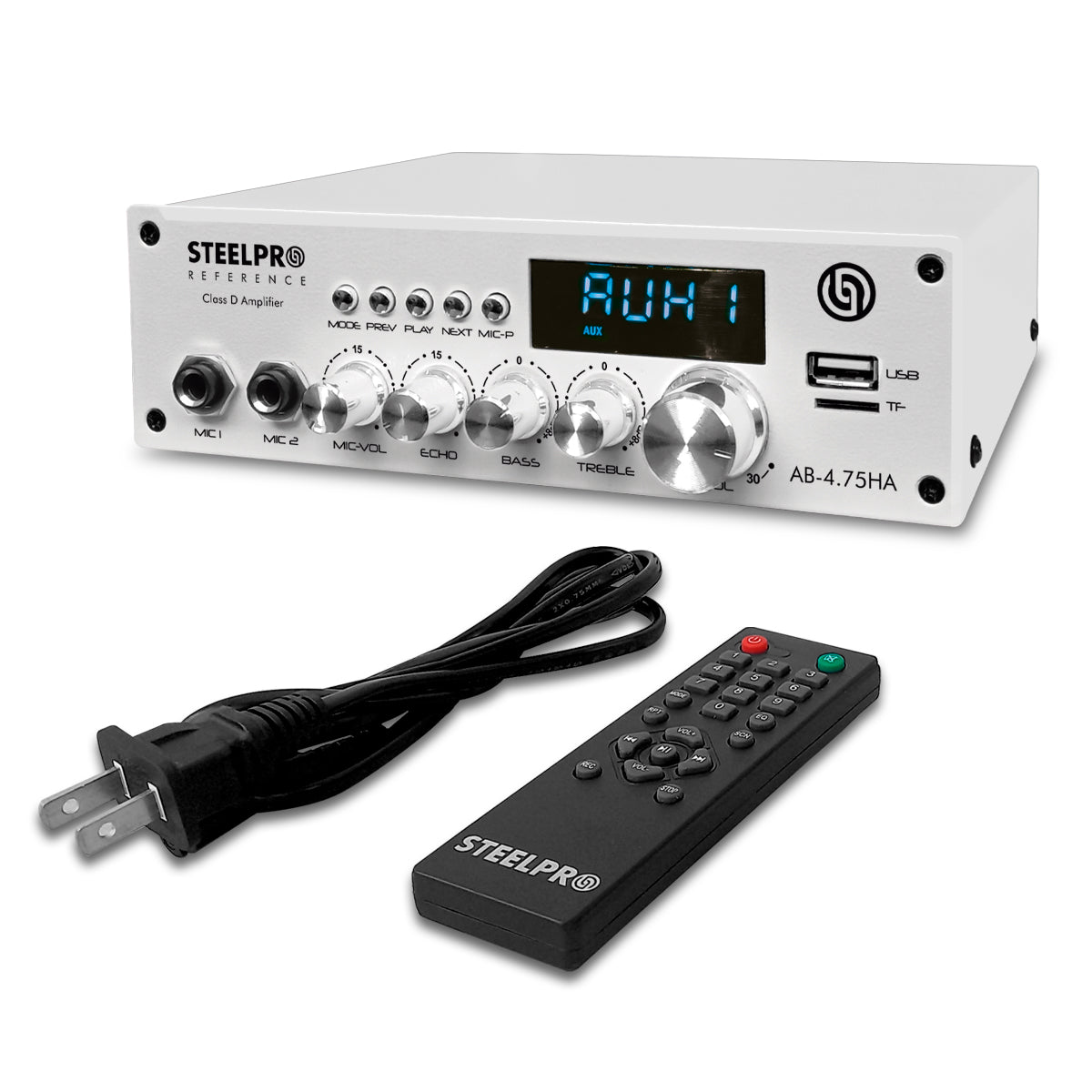 Amplificador de Audio Steelpro AB-4.75HA 4 Canales Bluetooth 300W (4x75W) para Bocinas 8 Ohms